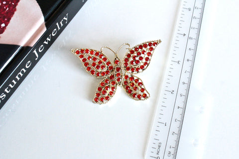 signed Weiss  Orange   Rhinestone Butterfly  Brooch #1208/12
