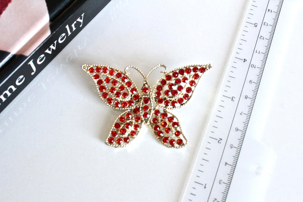 signed Weiss  Orange   Rhinestone Butterfly  Brooch #1208/12