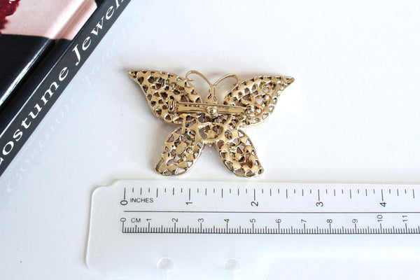 signed Weiss  Orange   Rhinestone Butterfly  Brooch #1208/12