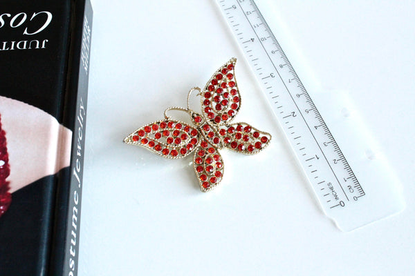 signed Weiss  Orange   Rhinestone Butterfly  Brooch #1208/12