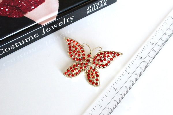 signed Weiss  Orange   Rhinestone Butterfly  Brooch #1208/12