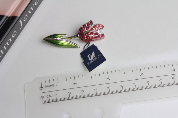 Swarovski Tulip  Flower   Brooch/Pin with green enamel and pink rhinestones # 1551