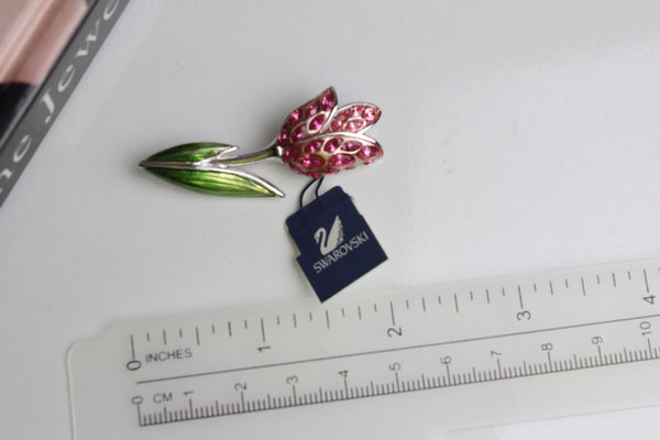 Swarovski Tulip  Flower   Brooch/Pin with green enamel and pink rhinestones # 1551