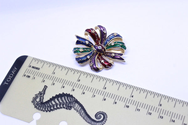 Signed Joan Rivers  Multi-color enamel BOW brooch pin  with crystal rhinestones  #1613