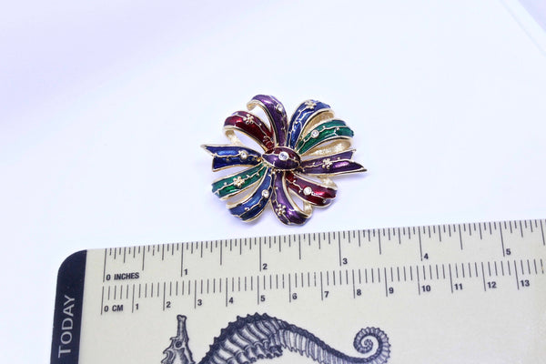 Signed Joan Rivers  Multi-color enamel BOW brooch pin  with crystal rhinestones  #1613