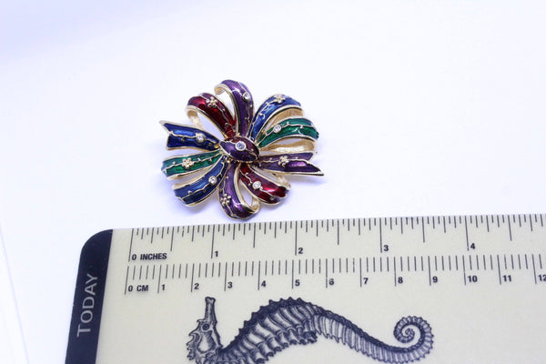 Signed Joan Rivers  Multi-color enamel BOW brooch pin  with crystal rhinestones  #1613