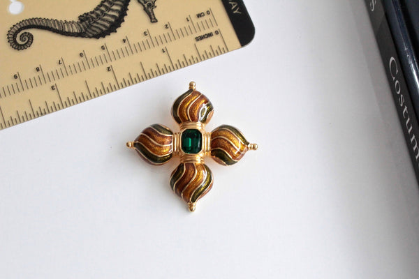 Signed Joan Rivers Russian Enameled Cross Faux Emerald Center Stone Brooch Pin #1677
