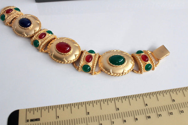 Etruscan  style  Bracelet with Faux  Jade, Carnelian  Blue Lapis  cabochons #1694