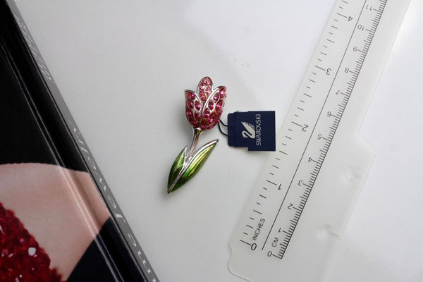 Swarovski Tulip  Flower   Brooch/Pin with green enamel and pink rhinestones # 1551
