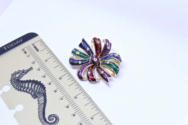 Signed Joan Rivers  Multi-color enamel BOW brooch pin  with crystal rhinestones  #1613