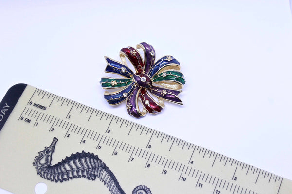 Signed Joan Rivers  Multi-color enamel BOW brooch pin  with crystal rhinestones  #1613