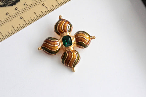 Signed Joan Rivers Russian Enameled Cross Faux Emerald Center Stone Brooch Pin #1677