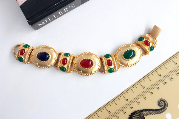Etruscan  style  Bracelet with Faux  Jade, Carnelian  Blue Lapis  cabochons #1694