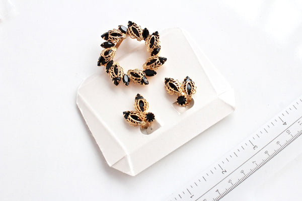 Laguna Brooch Pin & Earrings Clip on w/ Black  Rhinestones # 1976