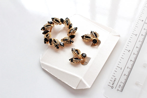 Laguna Brooch Pin & Earrings Clip on w/ Black  Rhinestones # 1976