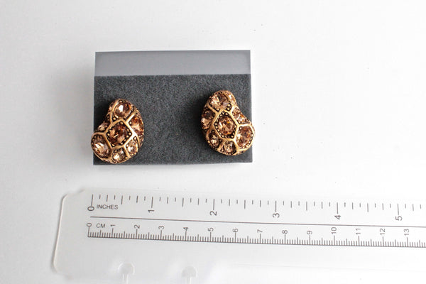 Retro  1980s Oscar de la Renta Matte Goldtone  Topaz Rhinestone   Earrings clip on   #1827
