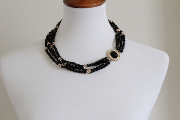 1960s Signed HOBE Necklace  & earrings with Jet Black Glass Crystals  #1014