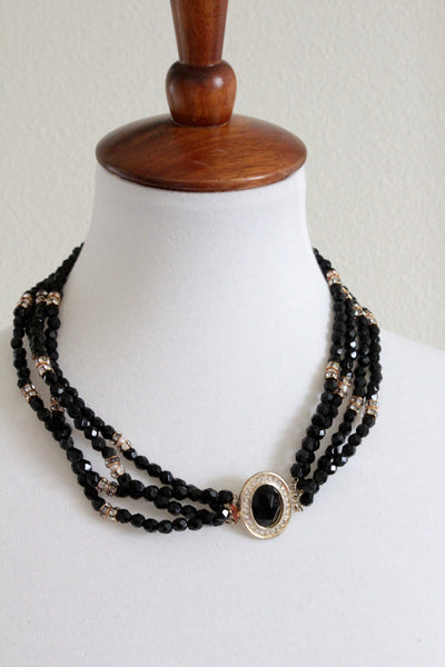 1960s Signed HOBE Necklace  & earrings with Jet Black Glass Crystals  #1014
