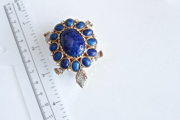 KJL Kenneth Jay Lane  Turtle Brooch  Watch with faux pearls  and Blue Art Glass Cabochons #2021