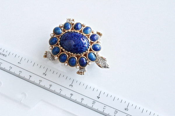 KJL Kenneth Jay Lane  Turtle Brooch  Watch with faux pearls  and Blue Art Glass Cabochons #2021
