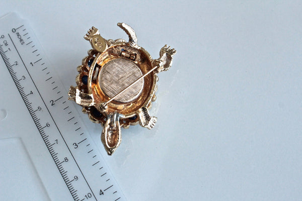 KJL Kenneth Jay Lane  Turtle Brooch  Watch with faux pearls  and Blue Art Glass Cabochons #2021