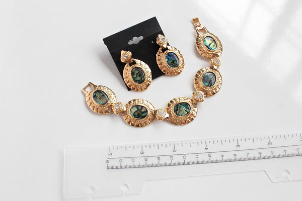 Unsigned  Iridescent resin cabochons   Bracelet and  Earring set with clear  rhinestones #1936/1