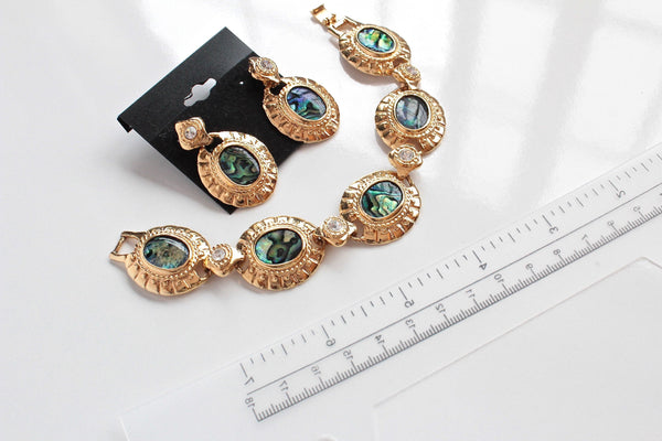 Unsigned  Iridescent resin cabochons   Bracelet and  Earring set with clear  rhinestones #1936/1