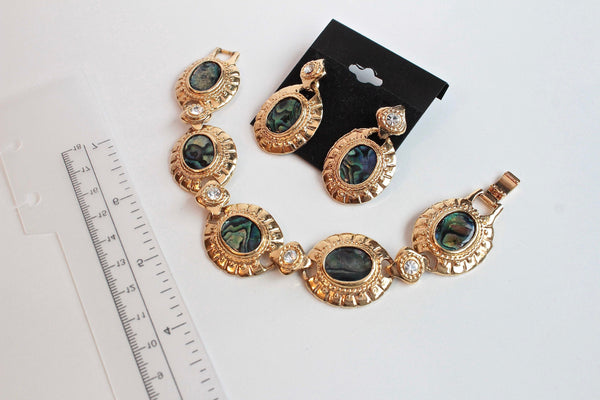 Unsigned  Iridescent resin cabochons   Bracelet and  Earring set with clear  rhinestones #1936/1