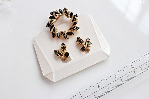 Laguna Brooch Pin & Earrings Clip on w/ Black  Rhinestones # 1976