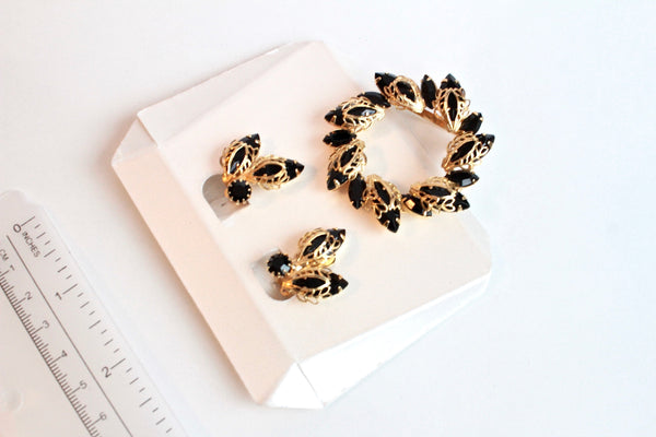 Laguna Brooch Pin & Earrings Clip on w/ Black  Rhinestones # 1976
