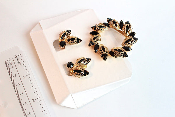 Laguna Brooch Pin & Earrings Clip on w/ Black  Rhinestones # 1976