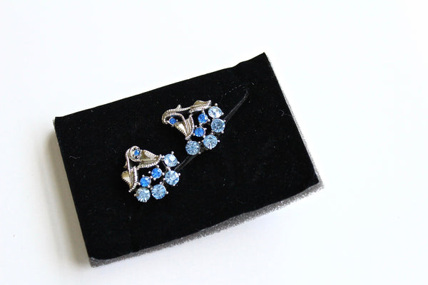 STAR Flower  Earrings clip on with blue rhinestones #2002
