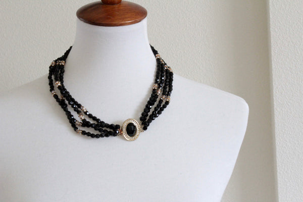 1960s Signed HOBE Necklace  & earrings with Jet Black Glass Crystals  #1014
