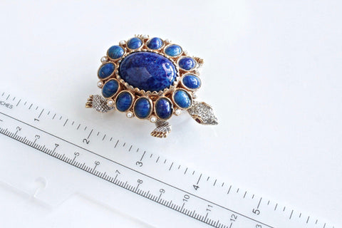 KJL Kenneth Jay Lane  Turtle Brooch  Watch with faux pearls  and Blue Art Glass Cabochons #2021