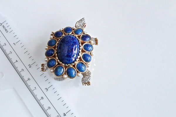 KJL Kenneth Jay Lane  Turtle Brooch  Watch with faux pearls  and Blue Art Glass Cabochons #2021