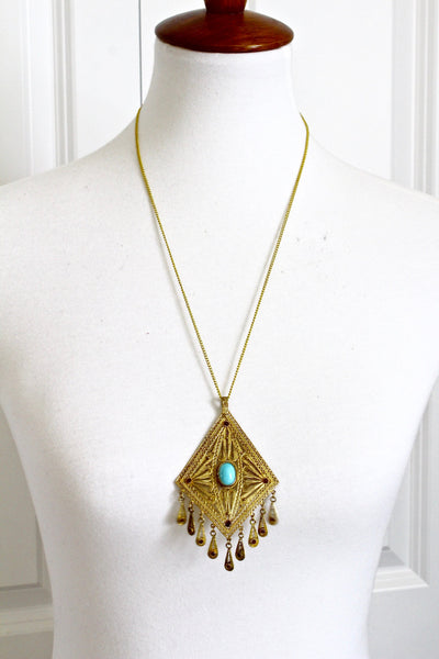 Victorian Filigree  Pendant with Turquoise cabochon and  Garnet  Rhinestones #579