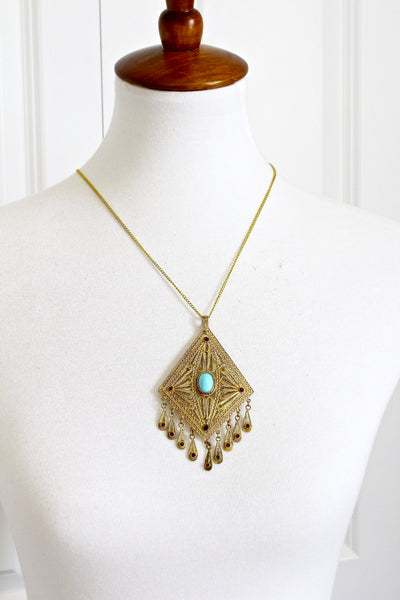 Victorian Filigree  Pendant with Turquoise cabochon and  Garnet  Rhinestones #579