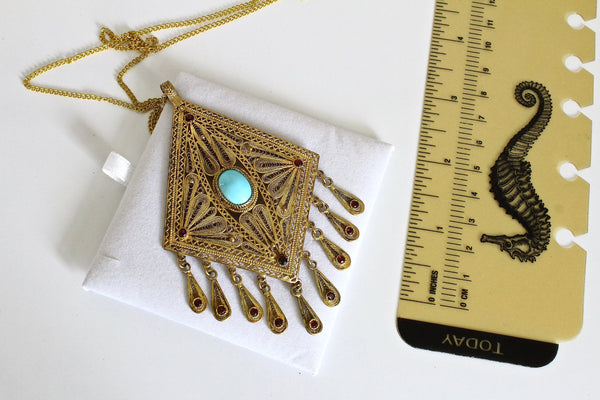 Victorian Filigree  Pendant with Turquoise cabochon and  Garnet  Rhinestones #579