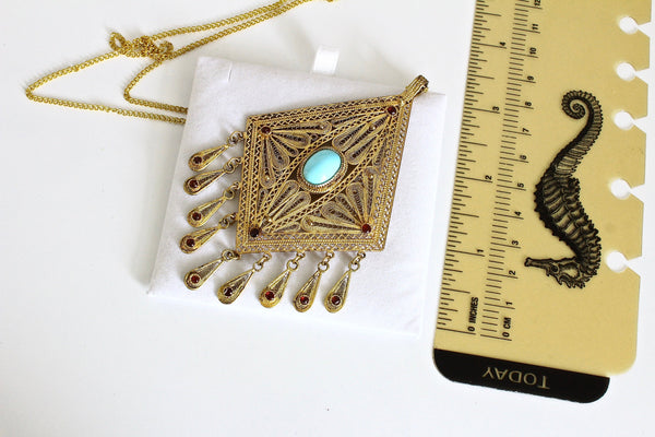 Victorian Filigree  Pendant with Turquoise cabochon and  Garnet  Rhinestones #579
