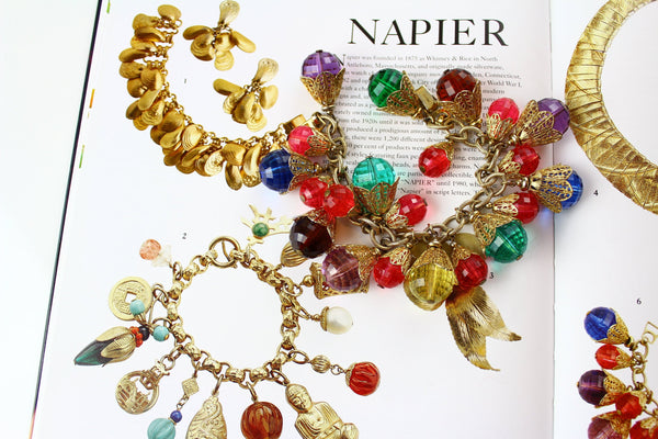 Gorgeous signed Napier East Indian Charm Bracelet 1950s Faceted Beads #2177