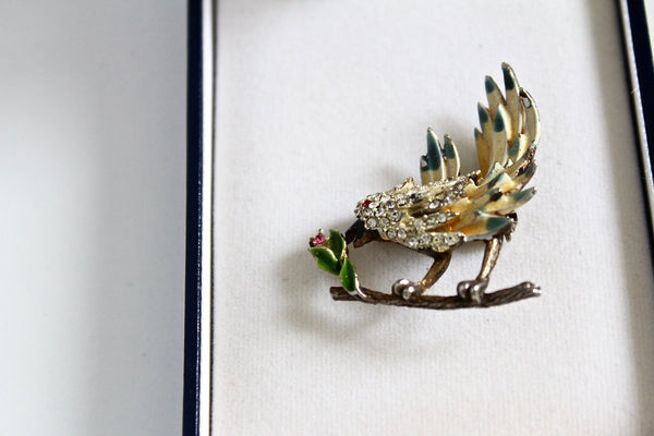 Signed KRAMER BIRD Small Brooch Pin  Rhinestone Enameled Yellow  Green Feather # 2257