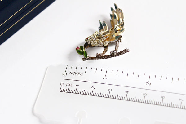 Signed KRAMER BIRD Small Brooch Pin  Rhinestone Enameled Yellow  Green Feather # 2257