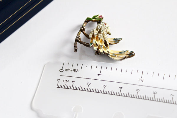 Signed KRAMER BIRD Small Brooch Pin  Rhinestone Enameled Yellow  Green Feather # 2257