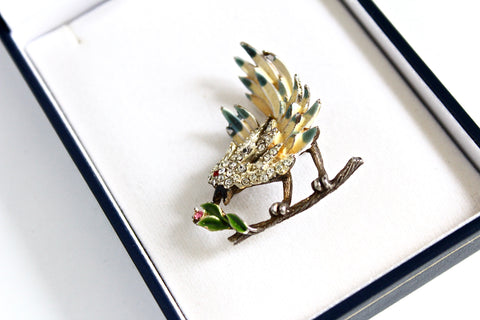 Signed KRAMER BIRD Small Brooch Pin  Rhinestone Enameled Yellow  Green Feather # 2257