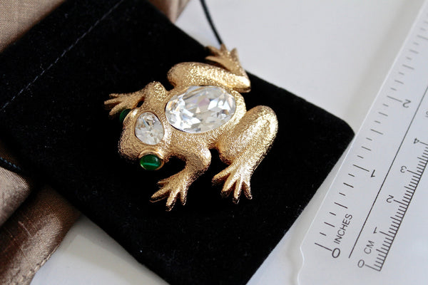 Dior Crystal Frog Figural Brooch Rhinestones s and Green Gropoix cabochons
