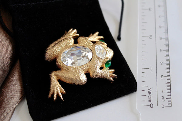 Dior Crystal Frog Figural Brooch Rhinestones s and Green Gropoix cabochons