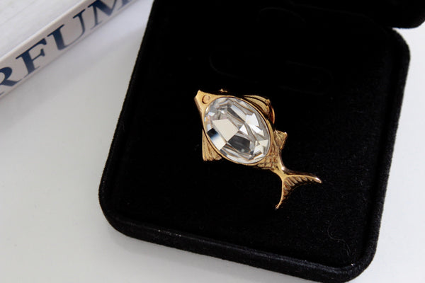 Signed Sonia  Rykiel Paris  Fish Pin LaPel With large glass crystal #2290