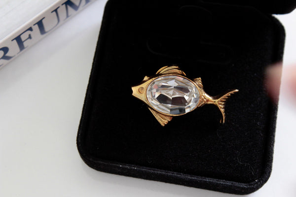 Signed Sonia  Rykiel Paris  Fish Pin LaPel With large glass crystal #2290