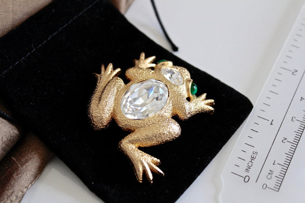 Dior Crystal Frog Figural Brooch Rhinestones s and Green Gropoix cabochons