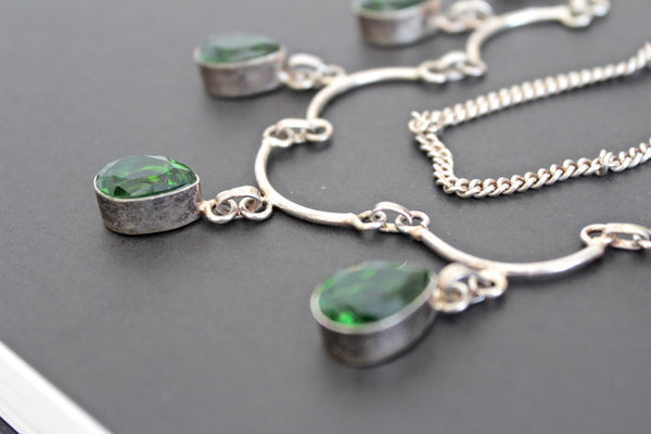Stunning   Sterling silver 925  Art Deco  Green Peridot  Glass    Necklace / Wedding jewelry #